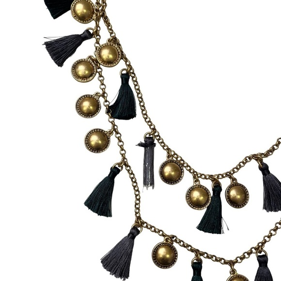 J Crew Statement Necklace Green Blue Tassels Gold Tone - Picture 4 of 6